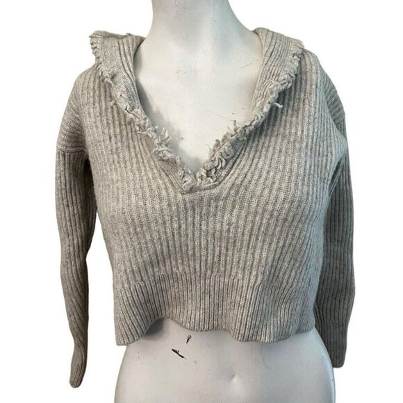 Ladies Small Gray Hooded Cropped Wool Cashmere Sweater Frayed Pullover Ribbed - Picture 2 of 7